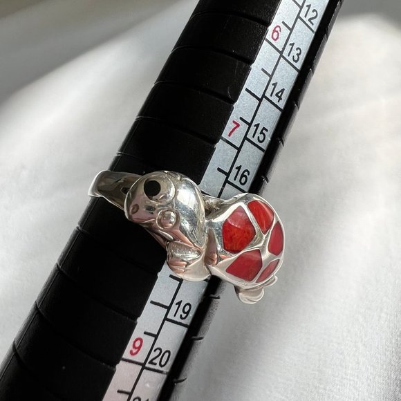 Sterling Silver Turtle Animal Red Enamel Inlay Ring Size 8 - Picture 8 of 11